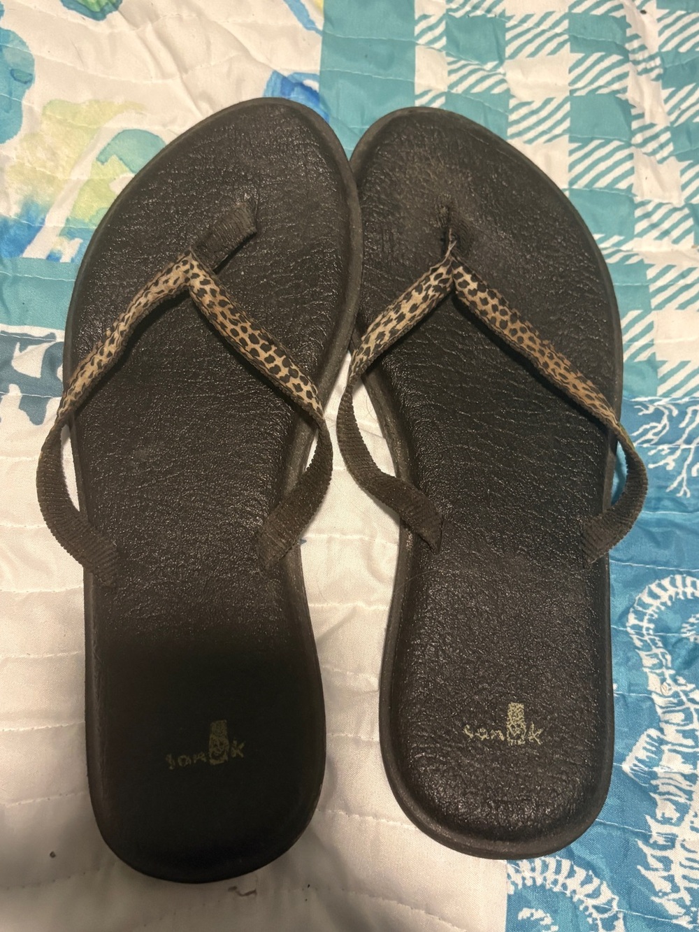 Sanuk Black Sandals with Leopard-Print Straps